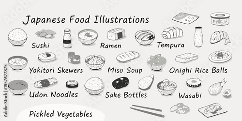 Hand drawn illustrations of various traditional japanese foods and dishes