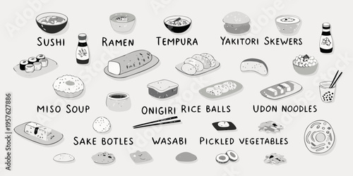 A colorful illustration displaying various traditional japanese food items
