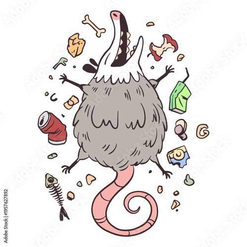 Tableau sur toile Cartoon opossum surrounded by trash