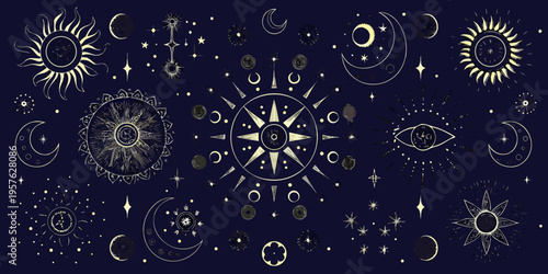 Celestial patterns suns moons stars and mystical symbols in gold