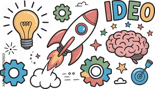 Creative brainstorming idea rocket ship with colorful illustrations in playful cartoon style for business education