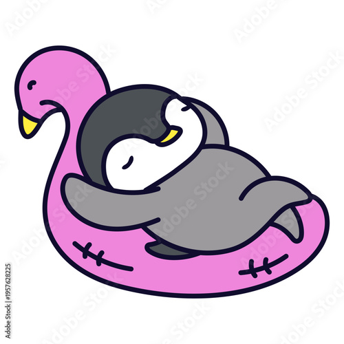 Penguin sleeping on a pink flamingo