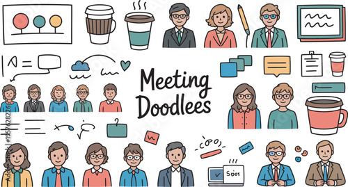 Colorful business meeting doodles in flat line style with white background for presentations