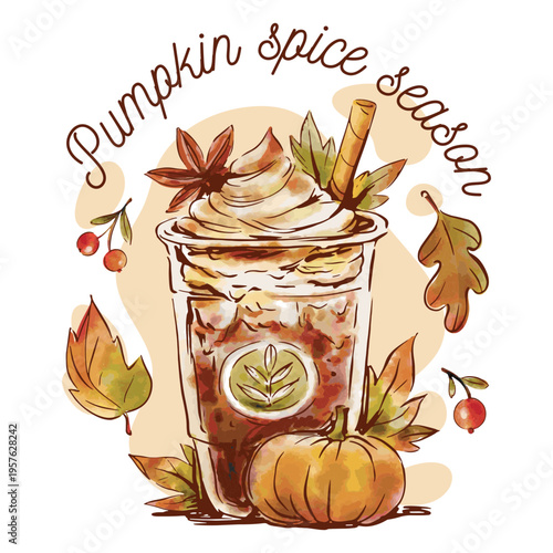 Illustration of a pumpkin spice latte with leaves and pumpkins