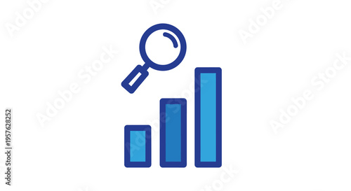 A blue magnifying glass hovers over a bar graph with increasing bar heights high quality professional