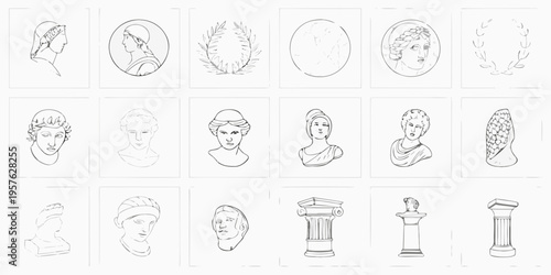 Collection of sketched classical portraits busts and architectural elements