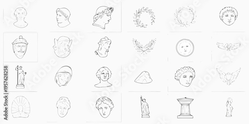 Collection of sketched classical busts portraits and decorative elements