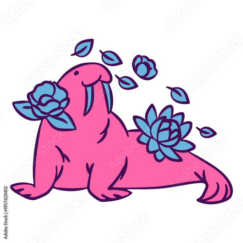 Walrus color stroke floral sea creatures