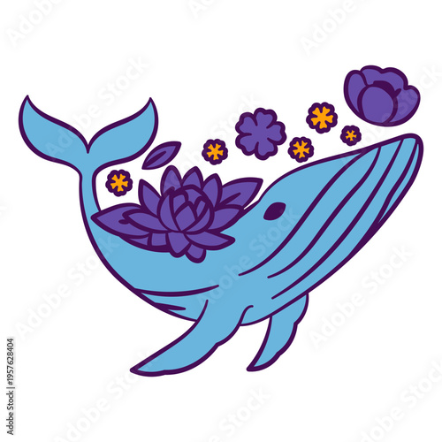 Whale color stroke floral sea creatures