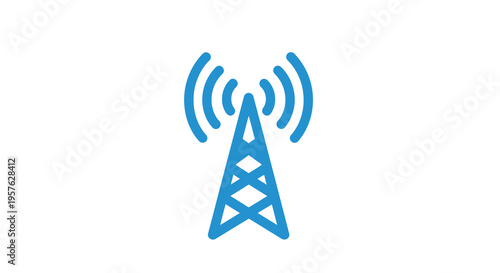 A simple blue illustration of a radio transmission tower with radiating waves above high quality professional