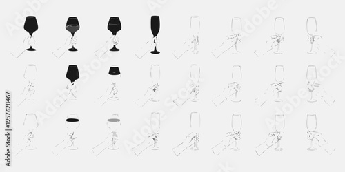 Hands holding various champagne flutes in a sketched minimalist style