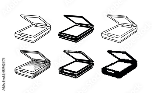 Collection of flatbed scanner illustrations in various artistic styles and textures