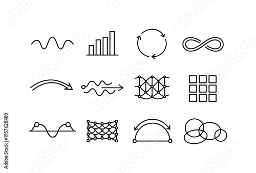 Line style vector icons of scent devices: variation band, amplitude bar, cycle tile, loop line, feedback arc, pattern contour,