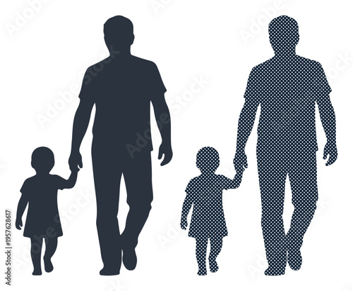 Two fathers walking with their young children, holding hands on a bright day.