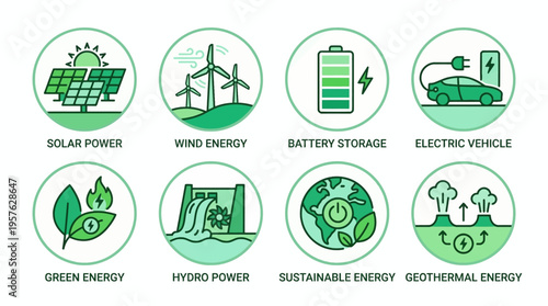 Renewable Energy Icons Set Solar Wind ESG Flat Design