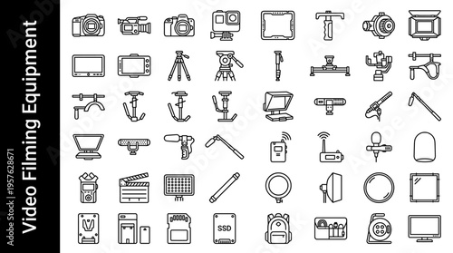 Collection of video production equipment icons for filmmaking and content creation
