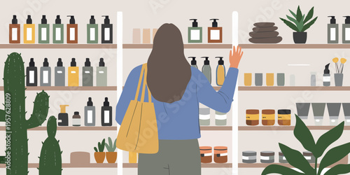 Woman browsing skincare products on shelves in a minimalist store
