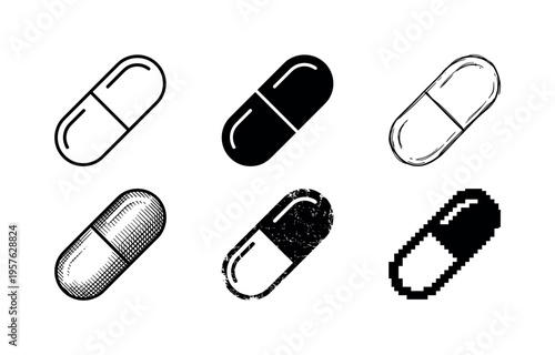 Collection of six different styles of capsule icons on a white background