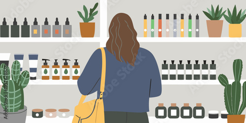 Woman browsing a shelf filled with skincare and beauty products