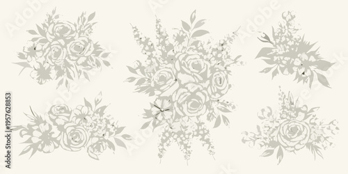 Delicate floral arrangements in a sketched monochromatic style fill the composition