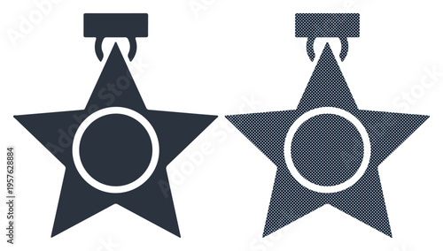 Two dark star-shaped medals with rings, representing achievement and recognition
