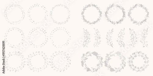 Delicate floral wreath collection in grayscale arranged on a neutral background