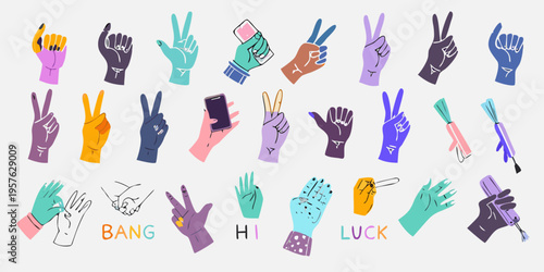 Diverse hands making different gestures with objects colorful illustration