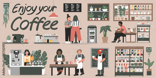 A colorful illustration depicting a busy and inviting coffee shop interior