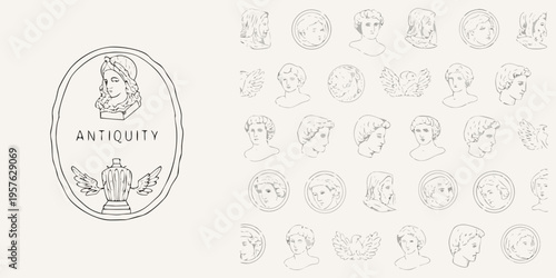 Collection of sketched classical busts and antique decorative elements