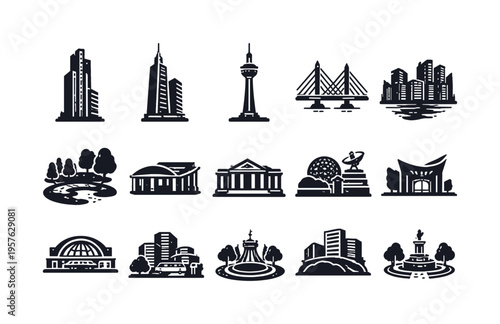 Solid vector icons of modern city icons: skyscraper, business tower, observation deck, cable bridge, waterfront skyline, urban