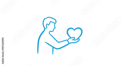 A simple blue line drawing depicts a man offering a heart with his hands high quality