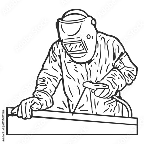 Black and white drawing of a welder