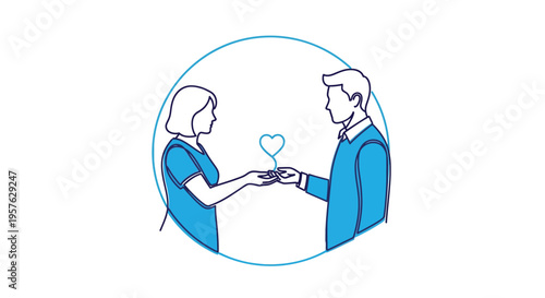 A minimalist illustration depicts a couple exchanging a heart shaped balloon symbolizing love and connection high quality