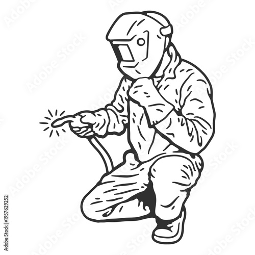 Black and white drawing of a welder comic