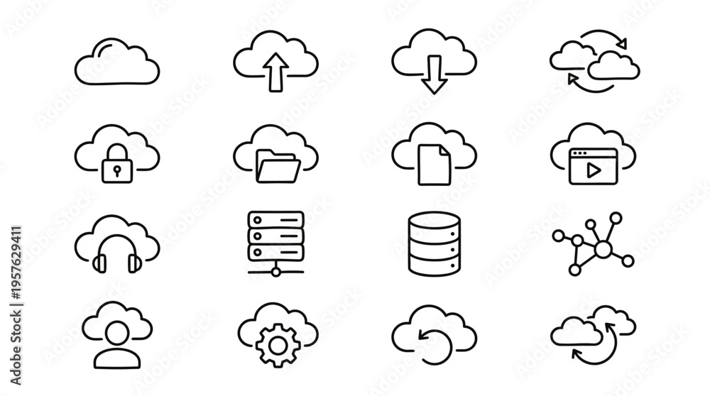 Fototapeta premium Set of 16 Cloud Computing Line Icons Vector