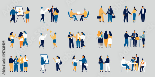 Diverse group of professionals interacting in various business settings