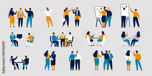 Diverse group of people collaborating in various office work settings