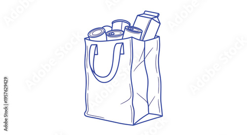A simple blue line drawing depicts a paper bag filled with various canned and boxed foods