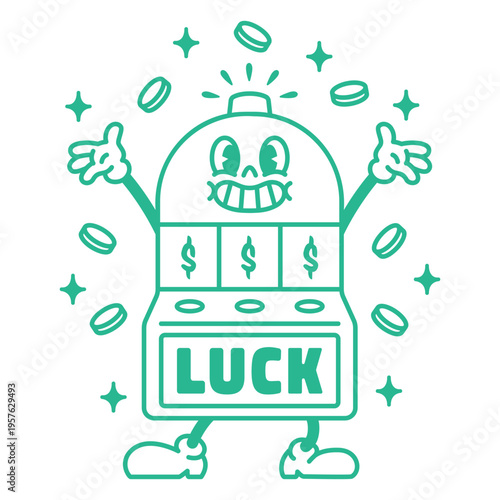 Image of a slot machine with the word luck on it