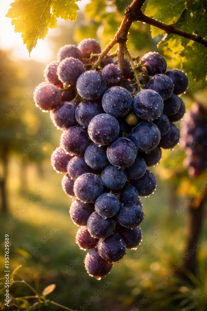 Obraz premium Fresh grapes glistening with water droplets in vineyard sunlight