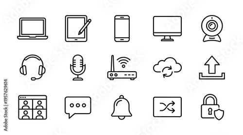 Set of 15 Black Outline Digital Devices and Communication Icons Vector