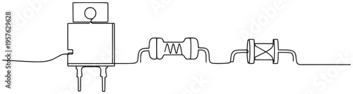 Minimal continuous line drawing of electronic circuit components, resistors, and transformer connections.