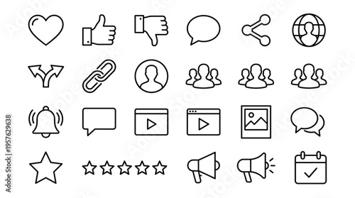 Set of 25 Black Outline Social Media and UI Vector Icons