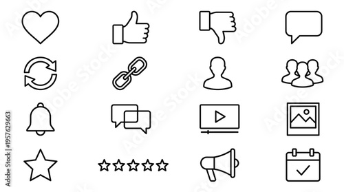 Set of 16 Social Media and UI Line Icons Vector