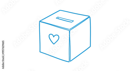 A simple blue line drawing depicts a donation box with a heart shaped opening high quality professional