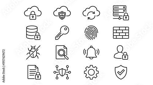 Set of 16 Data Security and Cloud Protection Line Icons Vector