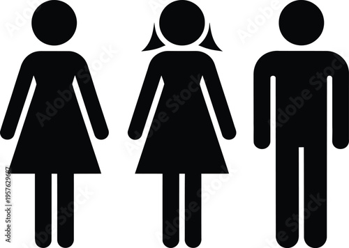 Three simple icons representing a family of two women and one man standing together