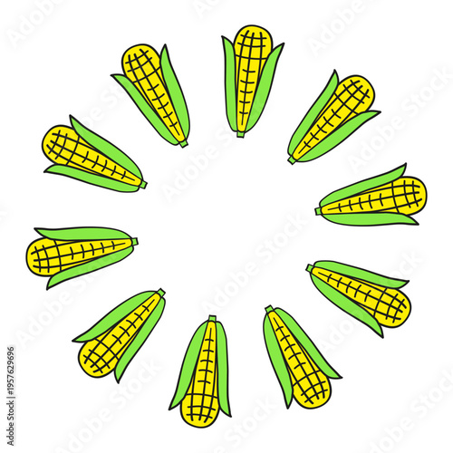 Cute round wreath with doodle yellow corn or maize isolated on white background. Natural hand drawn illustration. Summer vegetables in circle shape.