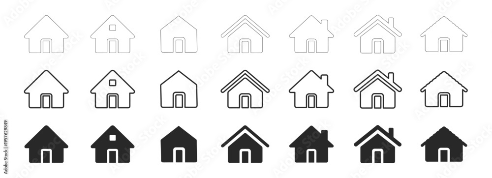 Obraz premium House and home icon set, outline and solid vector symbols, simple black real estate collection, minimal residential building icons isolated on transparent background