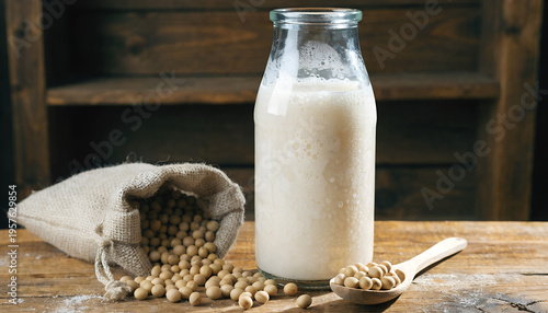 A glass bottle filled with creamy soy milk stands on a rustic wooden table surrounded by dried soybeans spilling from a small burlap sack next to a wooden spoon